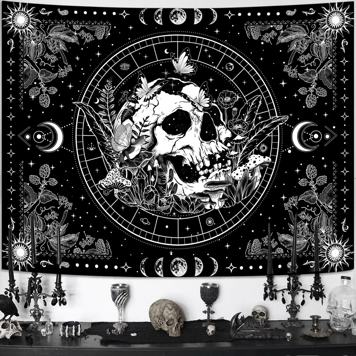 Aipon Black and White Skeleton Tapestry Bedroom Skull Mushroom Tapestries Hippie Nature Plants Floral Flower Aesthetic Tapestry Wall Hanging for Living Room Dorm (Black 48 × 36)