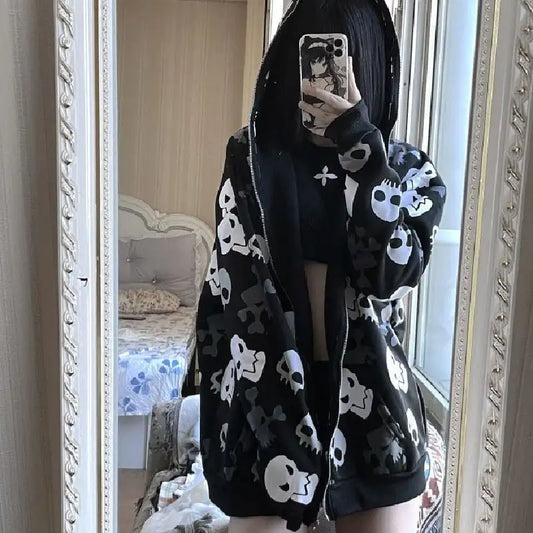 Dark Wind Skull Oversized Hoodie with Zipper Coat