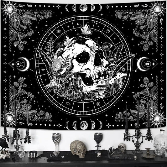 Aipon Black and White Skeleton Tapestry Bedroom Skull Mushroom Tapestries Hippie Nature Plants Floral Flower Aesthetic Tapestry Wall Hanging for Living Room Dorm (Black 48 × 36)
